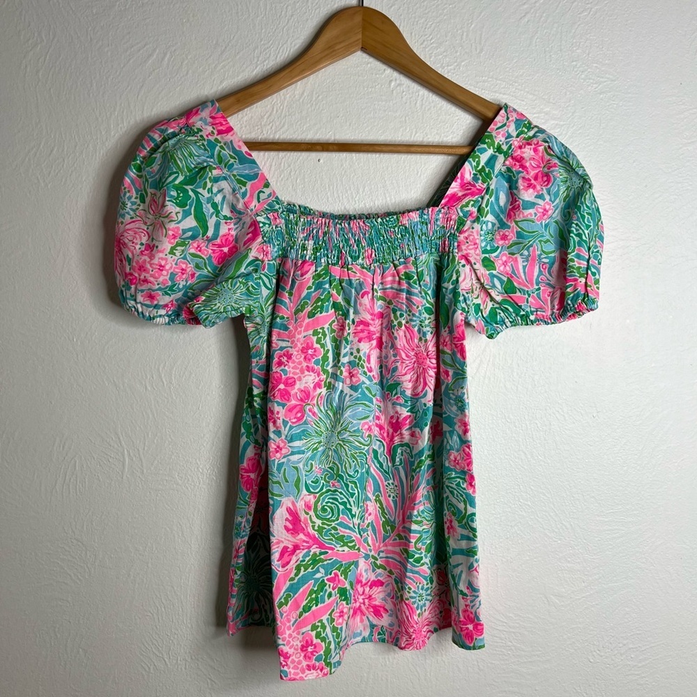 Lilly Pulitzer Keating Linen Top Amalfi Blue Leaf It Wild Print Puff Sleeve Sz 0